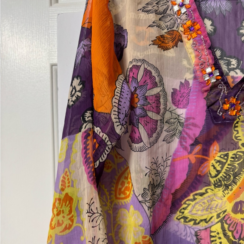 India boutique cover-up, S, orange, purple and yellow, very sheer, NWOT - Picture 2 of 11